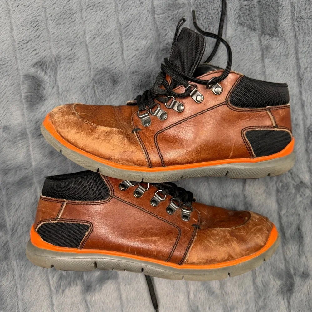 Prada 4E 2282 Hiking Sneaker Mens 8.5 Brown Orange Leather Mesh Mid Top
